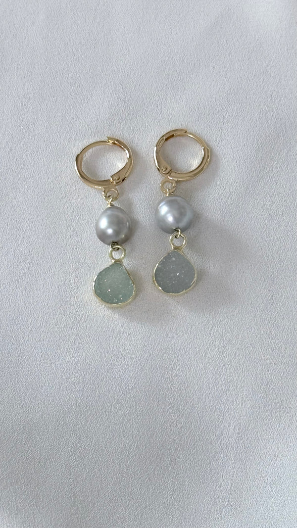 Seafoam Druzy x pearl earrings