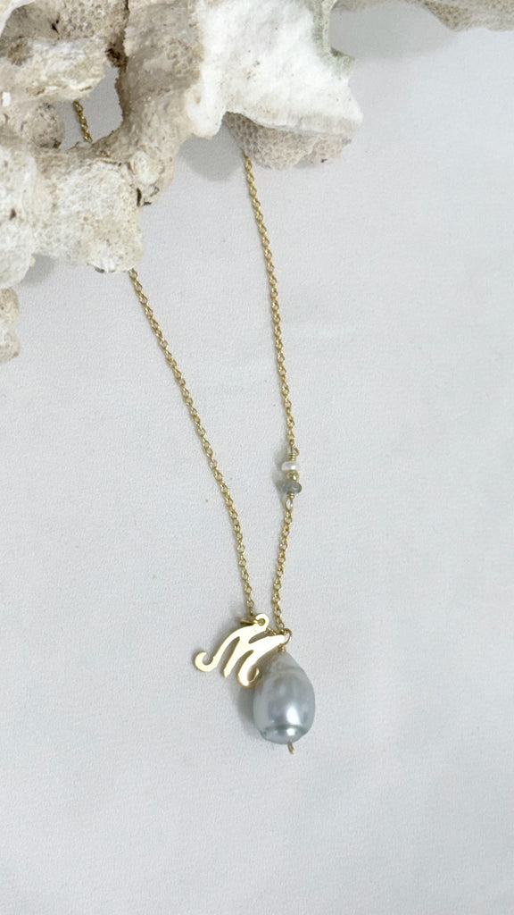 Initial charm Tahitian pearl necklace