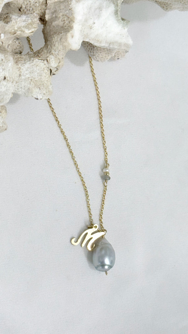 Initial charm Tahitian pearl necklace