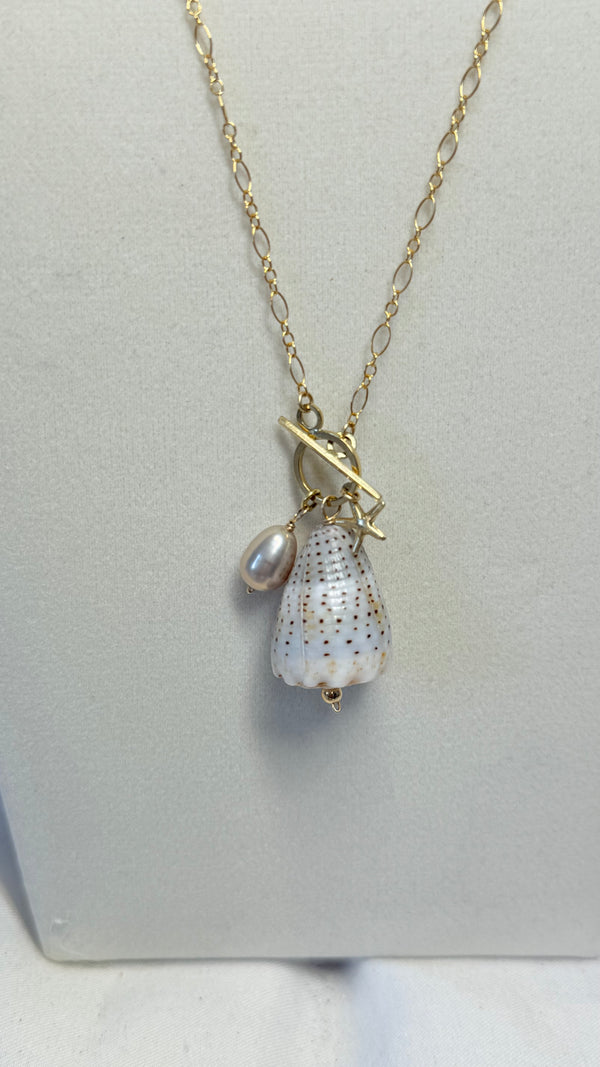 Abbreviated cone shell toggle charm necklace