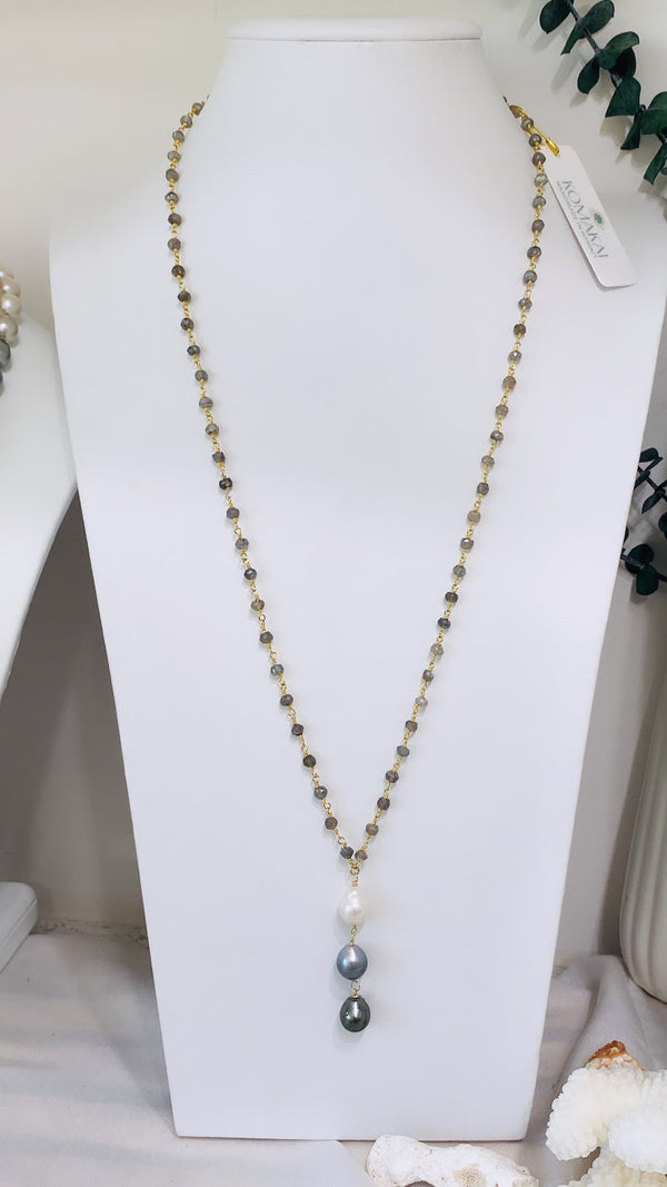 Labradorite x Triple pearl necklace