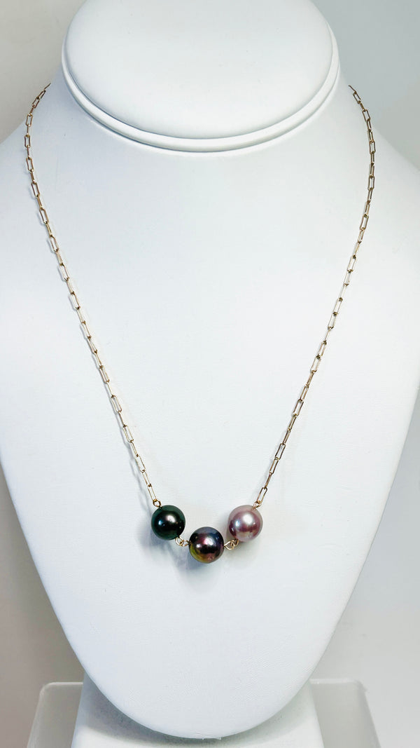 Triple pearl link necklace - Pink Chocolate