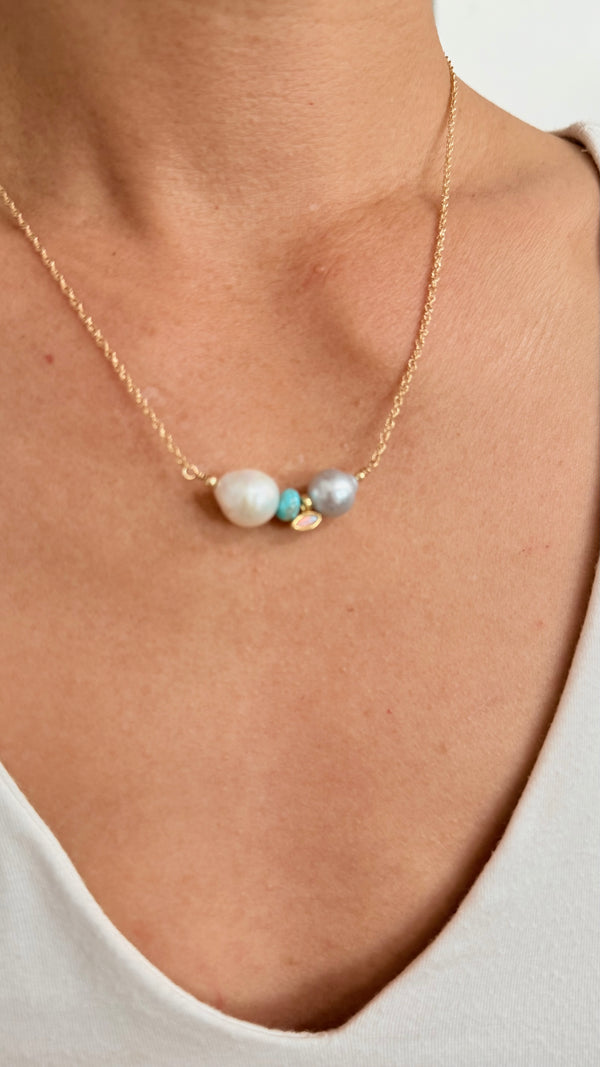 Freshwater pearl x opal bar necklace