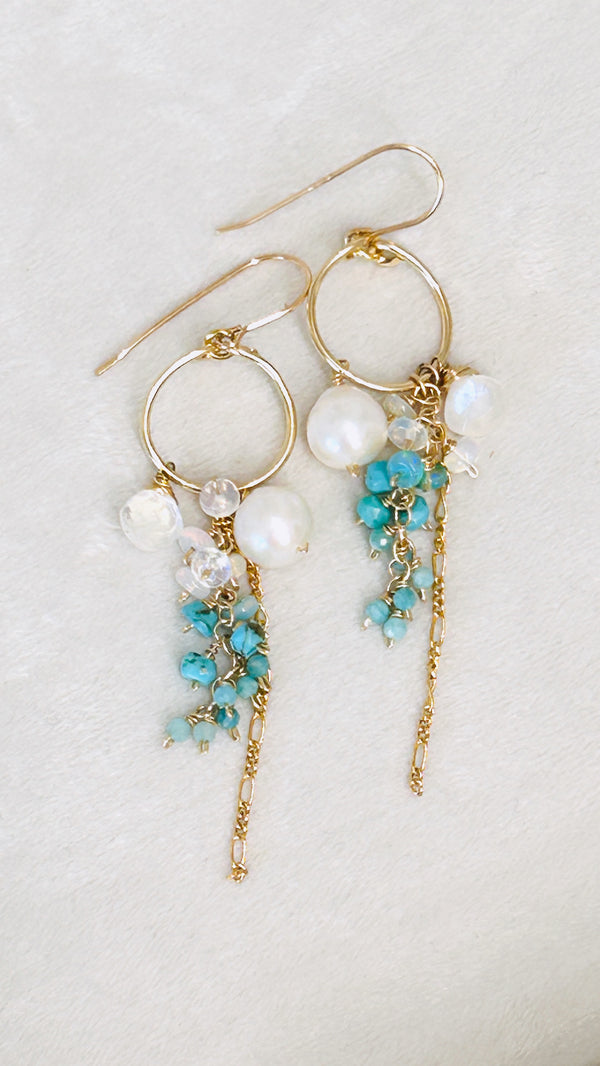 Trellis hoop earrings - Freshwater pearl x turquoise