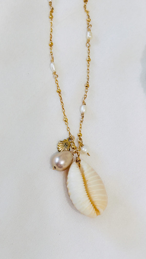 Granulated Cowry shell long necklace