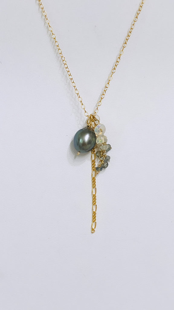 Trellis lariat - Tahitian pearl x moss aquamarine