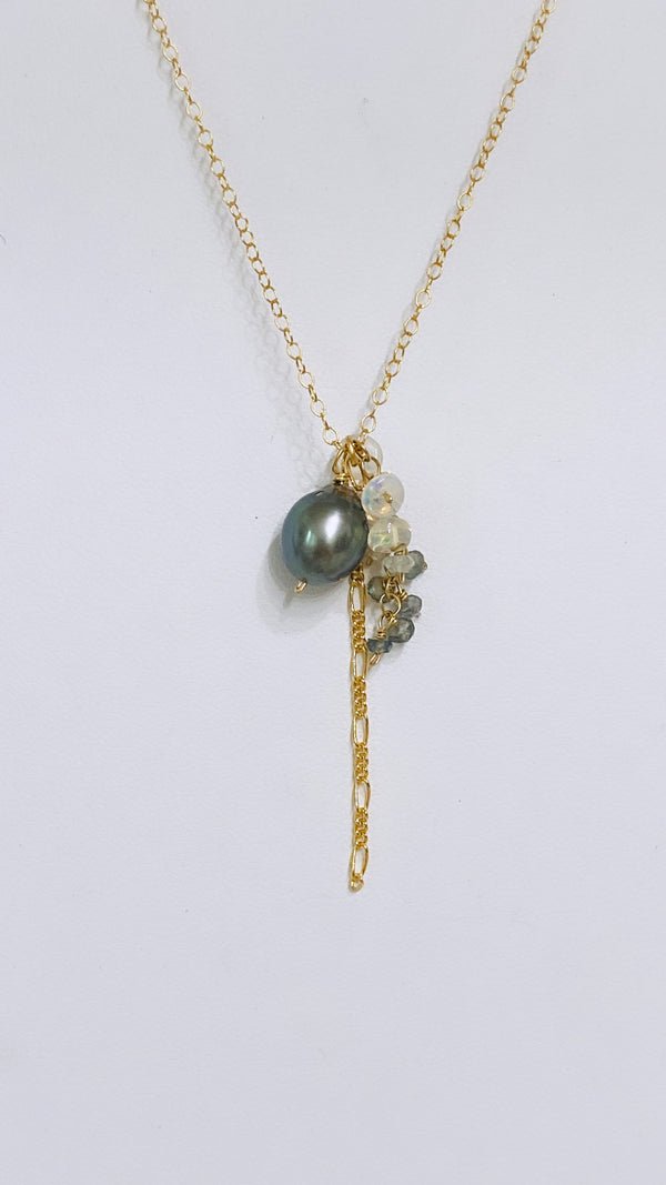 Trellis lariat - Tahitian pearl x moss aquamarine