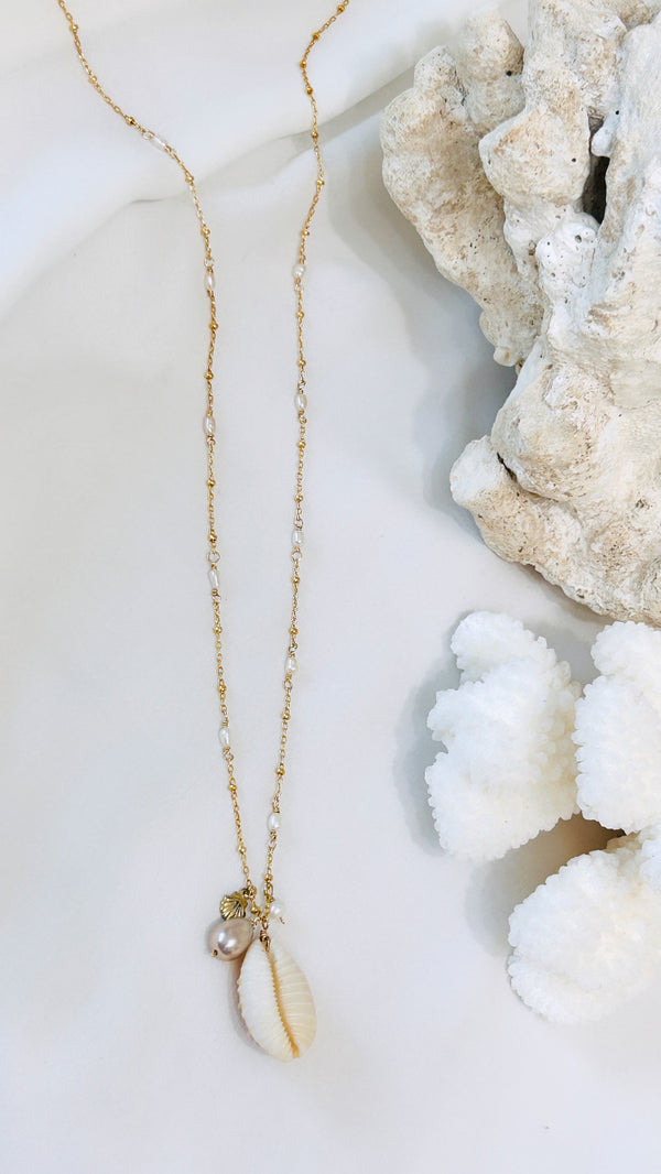 Granulated Cowry shell long necklace