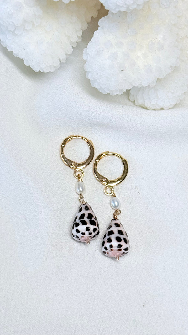 Hebrew shell huggy earrings - White keshi