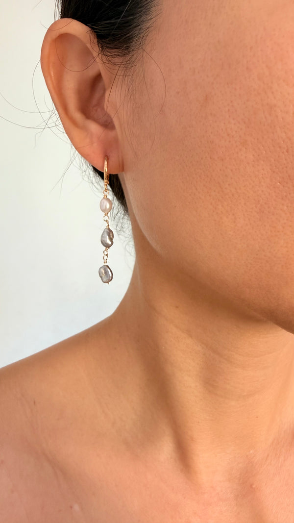 Triple Tahitian Keshi huggy earrings