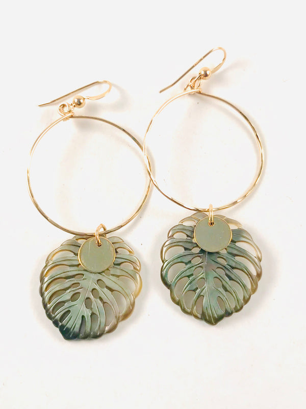 ABALONE large Monstera leaf Hoop earrings