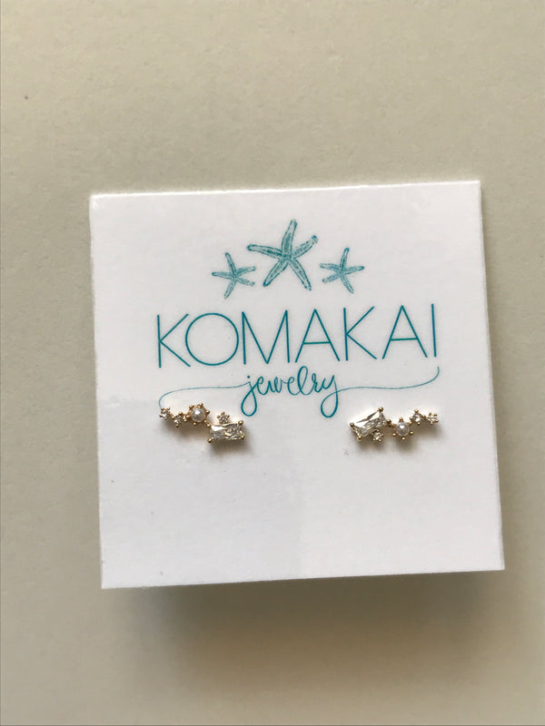 Pearl + CZ earcrawler stud earrings