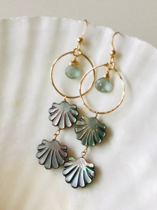 Double shell x gem hoop earrings