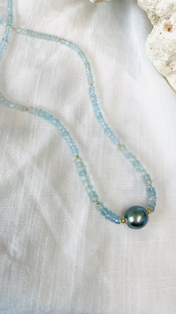 Aquamarine + Blue Tahitian pearl necklace